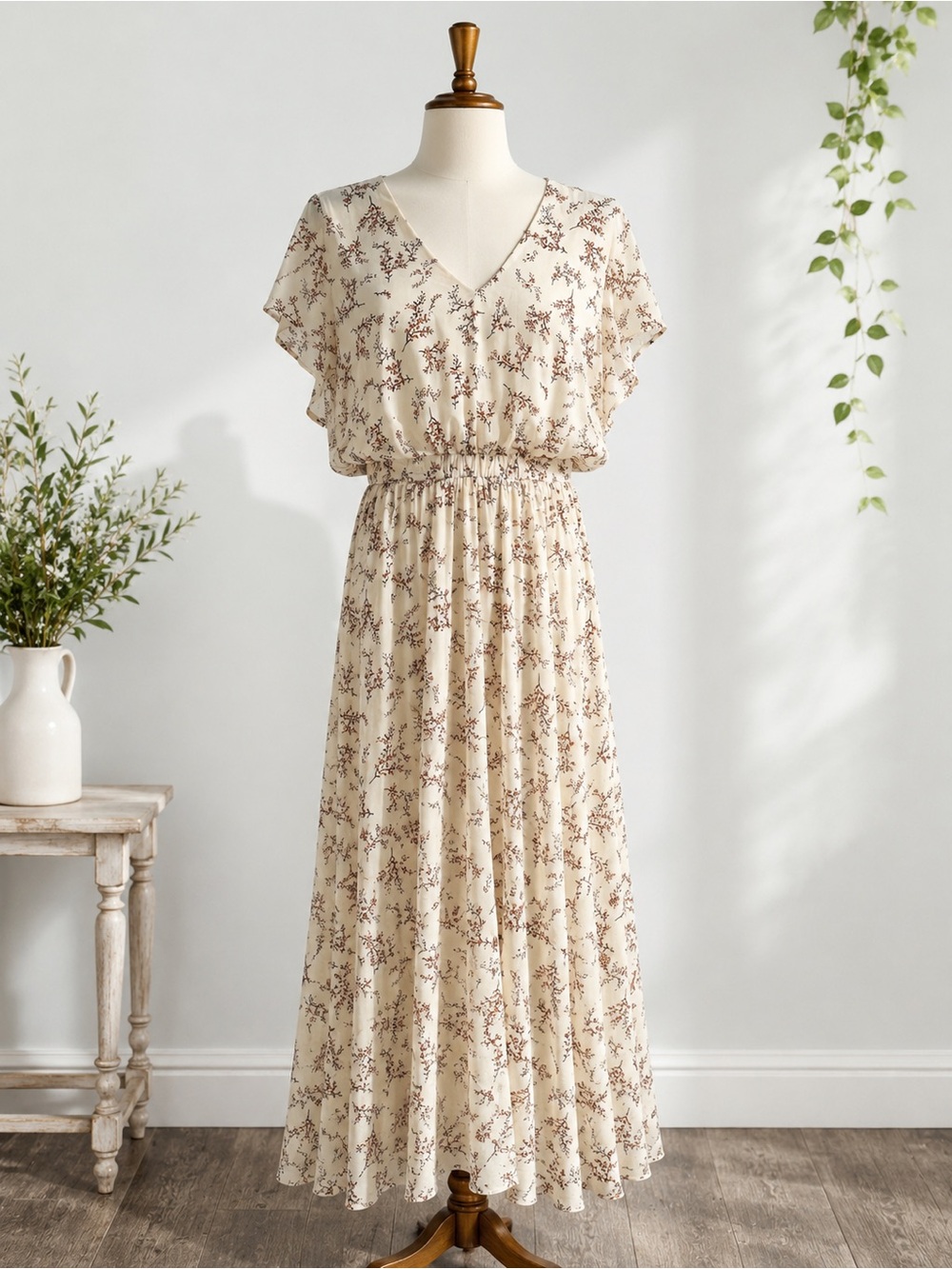 Sienna Sky Cream Floral V-Neck Maxi Dress with Brown Print